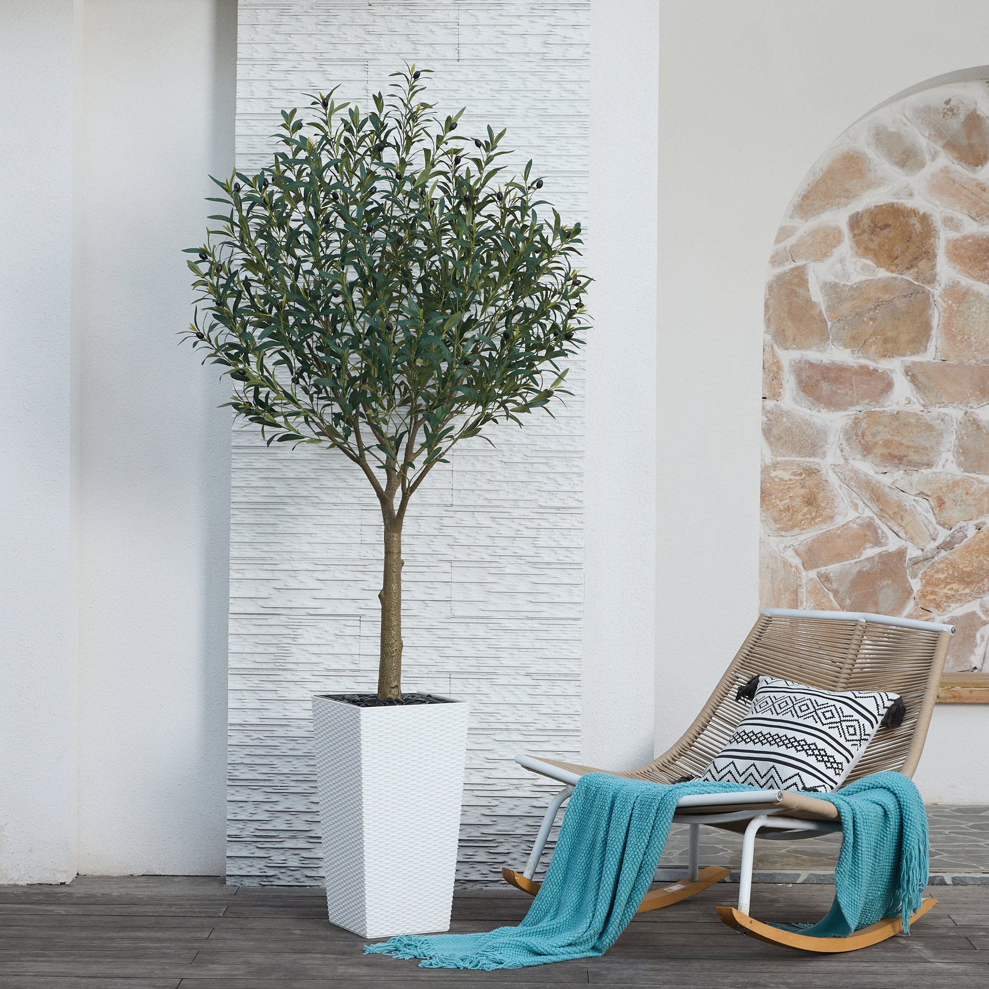 Altera UV Resistant Artificial Olive Tree for Indoor & Outdoor Decor, Large Plastic Base with Pebbles, White