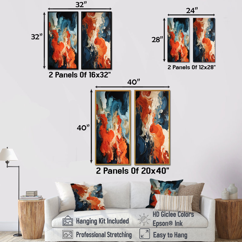 Encre liquide bleue et orange, art abstrait sur toile IV, ensemble de 2 peintures abstraites sur toile, Cadre flottant doré