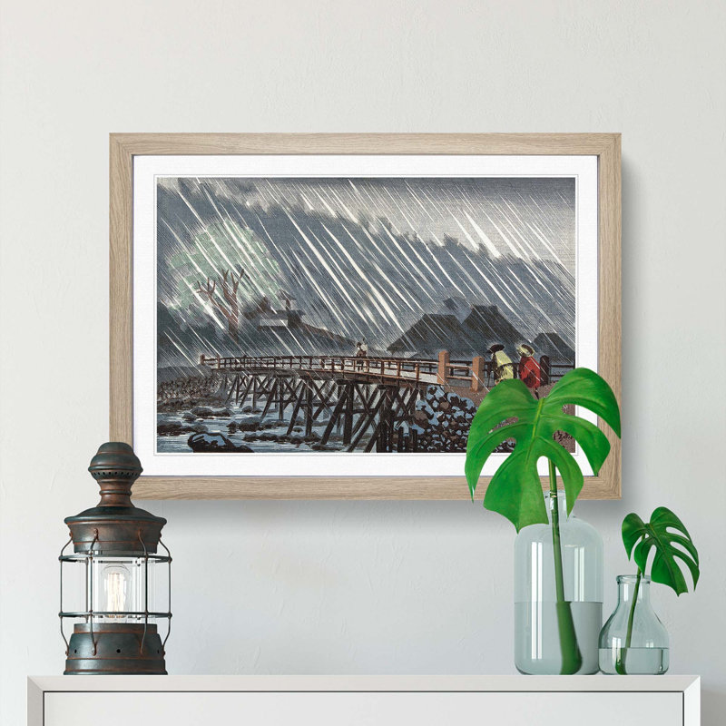 Bridge in the Rain by Kobayashi Kiyochika - Picture Frame Painting Print, Oak Framed, 48cm H x 65cm W x 2cm D