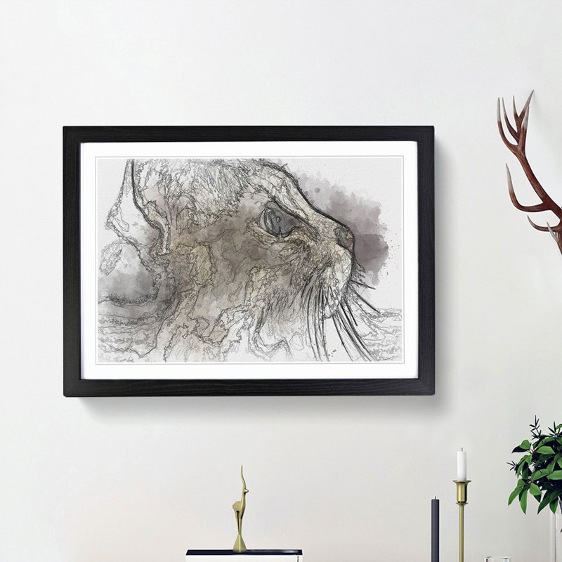 Curious Cat in Abstract - Picture Frame Graphic Art Print, Black Framed, 62cm H x 87cm W x 2cm D