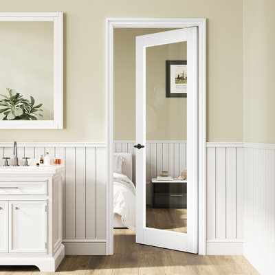 Porte de dalle en verre transparent 28 "x80" 1-Lite, dalle de porte intérieure en verre trempé fritté en céramique, apprêté blanc / préfini blanc, porte française à porte unie, garde-manger, porte de placard