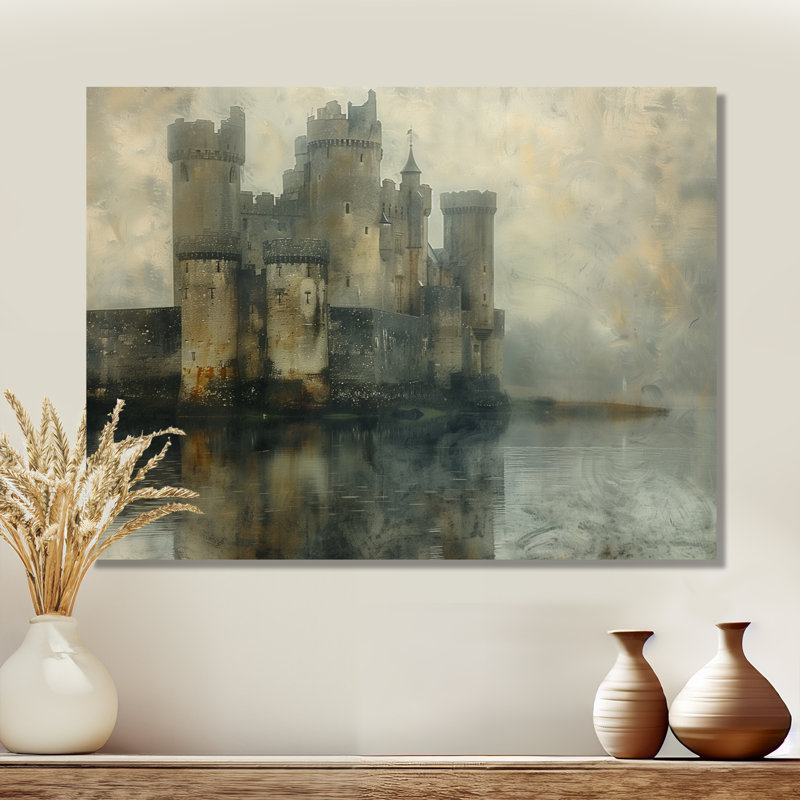 Impression d'art mural gris et beige, château d'hiver médiéval, H 34 po x l 44 po x P 1,5 po, Toile tendue