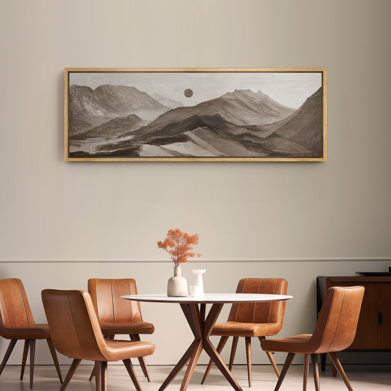 Brown Rustic Sun Mountains Simple Muted Extra Large Framed Wall Art Oversized Canvas Print, 20" H x 60" W, Natural