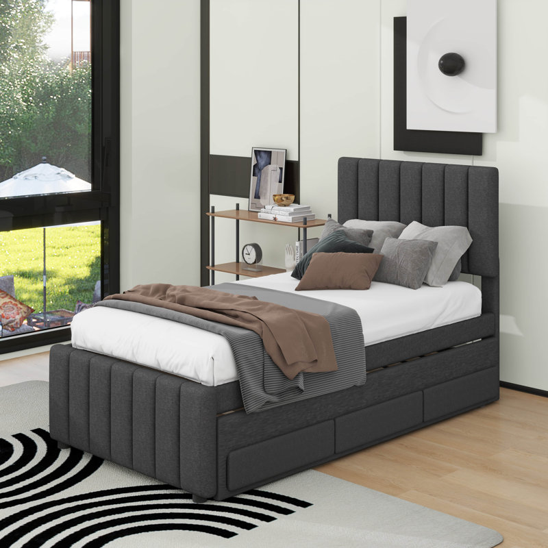 Lit plateforme simple tapissier avec lit gigogne et 3 tiroirs, Gris