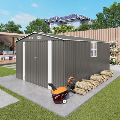 Remise de rangement en métal 10 x 14 pi pour l'extérieur toutes saisons - gris, abri de jardin durable avec fenêtre transparente