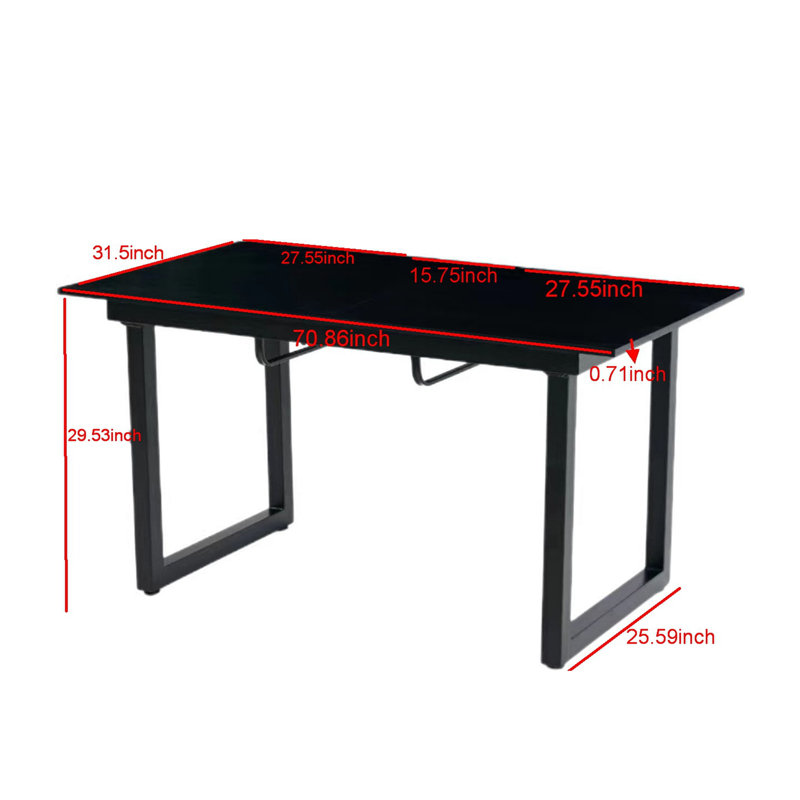 Table de salle à manger extensible de couleur noire avec pieds en métal et table de cuisine moderne pour gagner de l'espace (l 70,86 po x P 31,5 po x H 29,5 po)
