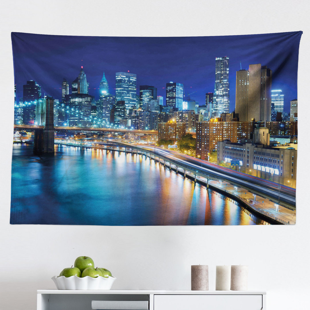 Ambesonne Landscape Tapestry, View Of Famous New York City Manhattan Bay Harbour At Night And Skyscrapers Print, Fabric Wall Hanging Decor For Bedroom Living Room Dorm, 45" X 30", Multicolor East Urban Home 