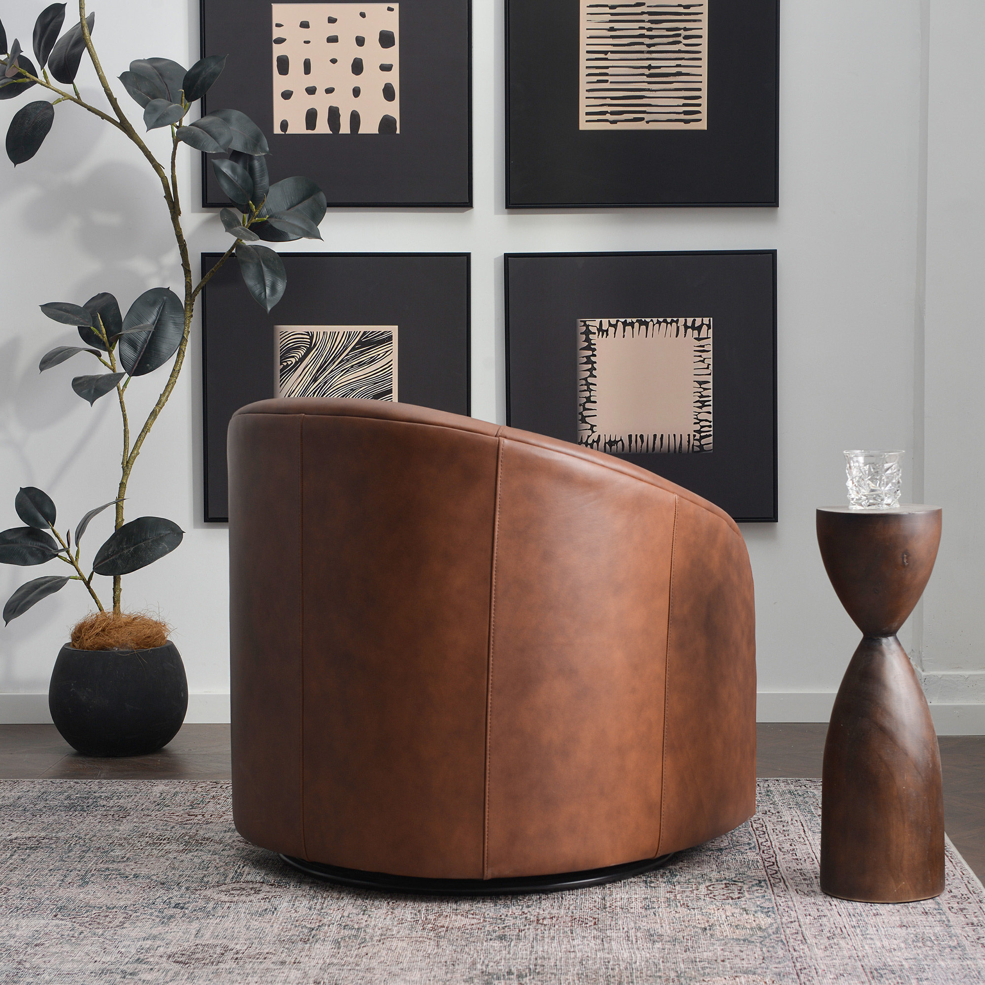Orion Genuine Leather Swivel Barrel Armchair, Brown