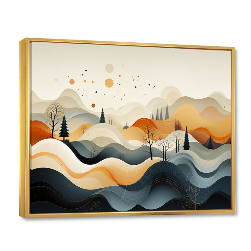 «Teal Orange Line Art Landscape», reproduction d'art sur toile, Cadre flottant doré, H 30 po x l 40 po x P 1,5 po