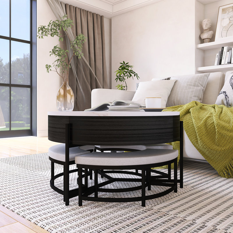 Table basse à plateau relevable moderne avec rangement et 3 repose-pieds, Noir