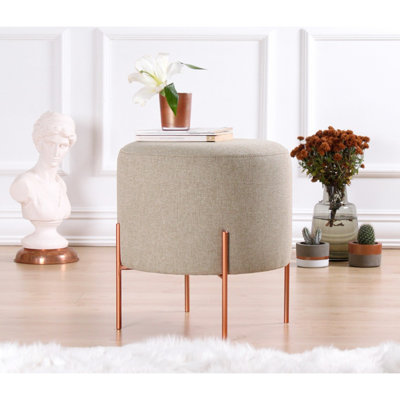 Stylish Bohemian Pouffe with Copper Coated Iron Legs, Coffee Color, 16.5 x 15.7 inches | 50% Cotton / 50% Linen | 35 DNS Orthopedic Sponge, 2.0 inches High | Perfect for Hotels & Modern Living Spaces