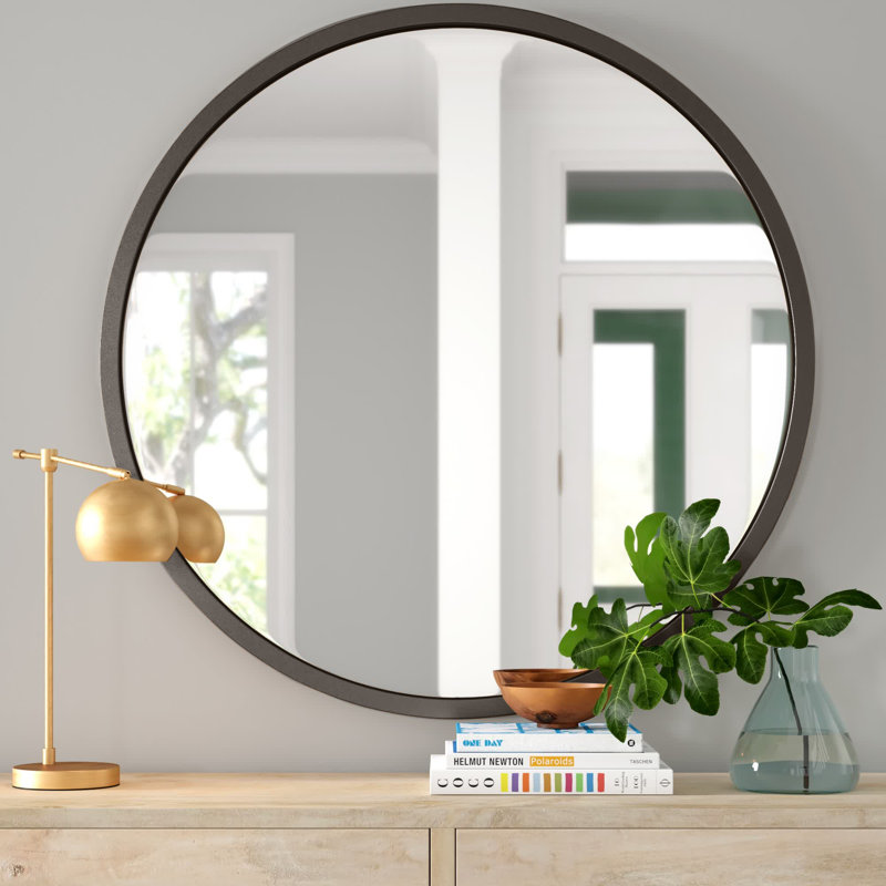 Bali Round Metal Modern Wall Mirror, 40" x 40", Dark Gray