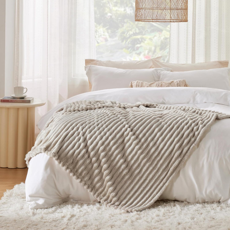 Bedsure Super Soft Fleece Blanket with Classic Stripe Pattern, Throw, Beige