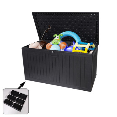 Extra large capacity resin outdoor waterproof deck box, 230 gallons space, with lockable storage, ensuring the safety of garden supplies.