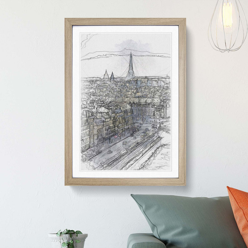 View of the Eiffel Tower in Paris France - Picture Frame Graphic Art Print, 91cm H x 60cm W x 2cm D, Oak