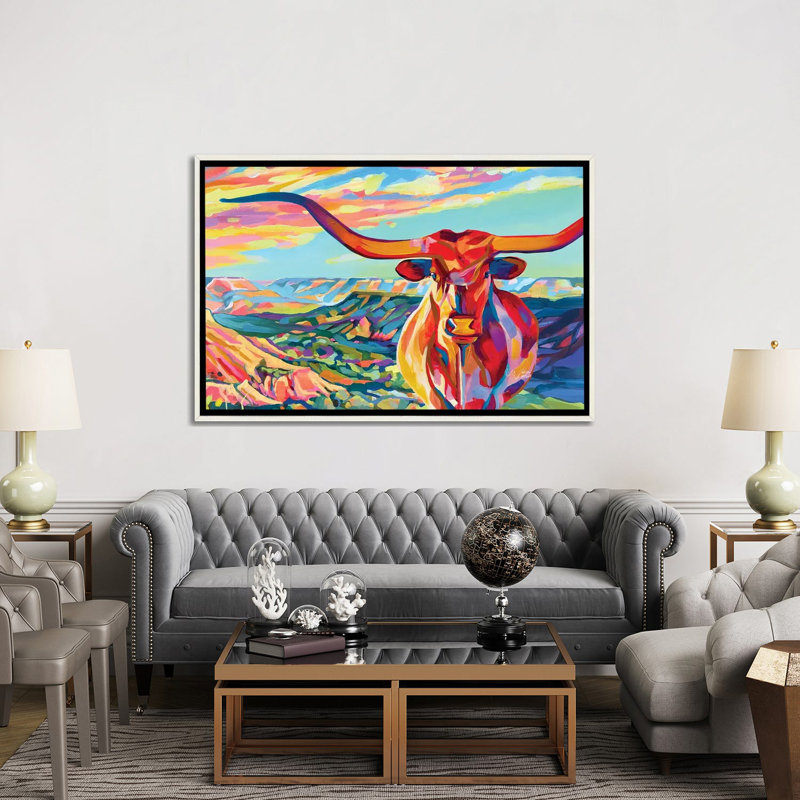 Palo Duro Texas Longhorn - reproduction d'art murale encadrée, Blanc patiné, H 40 po x l 60 po