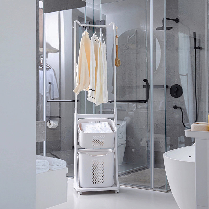 2-Tier Laundry Hamper Sorter With Hanging Bar, Rolling Laundry Baskets With Wheels Removable, Stackable Laundry Cart Organizer And Storage
