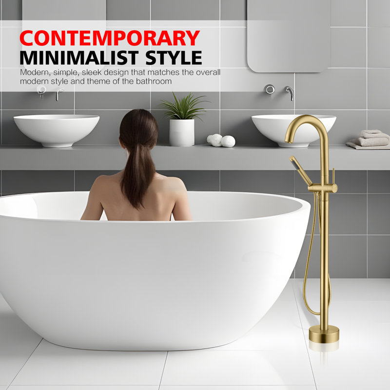Sumerain Freestanding Bathtub Faucet, High Flow Single Handle Bathroom Floor Mount Tub Faucet With Handheld Shower