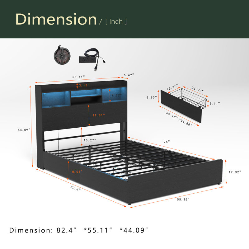 Cadre de lit avec 4 tiroirs de rangement Cadre de lit avec tête de lit et tablette de rangement, lit de rangement avec DEL et station de charge, pas de bruit, pas de sommier nécessaire