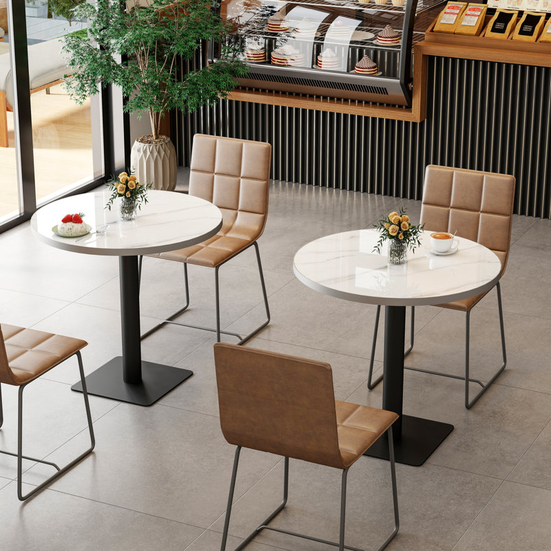 Round Sintered Stone Pedestal Dining Table with Metal Edge