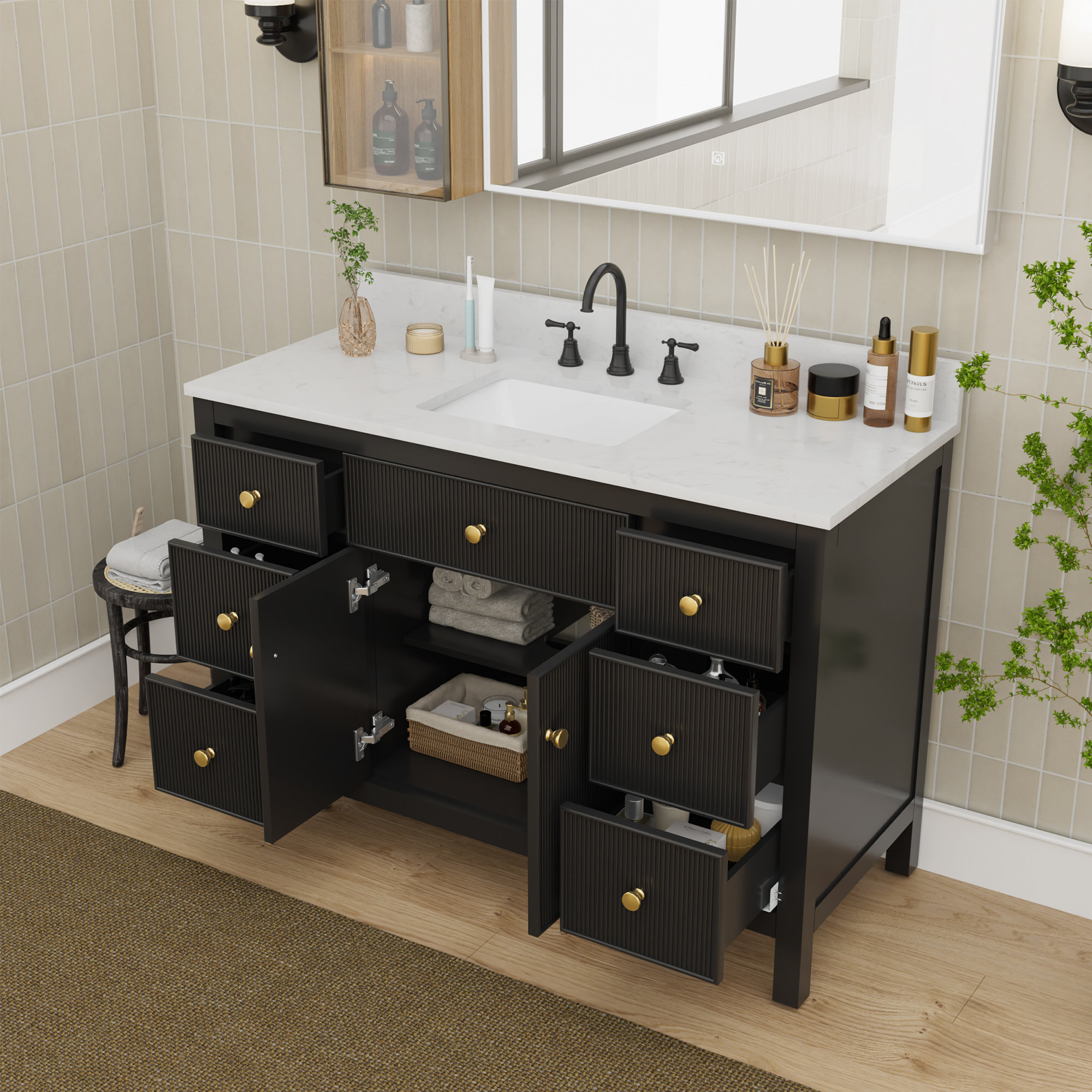 48" Fully Assembled Single Bathroom Vanity with Engineered Stone Top, Ceramic Sink, Hand Paint, Black/Gold