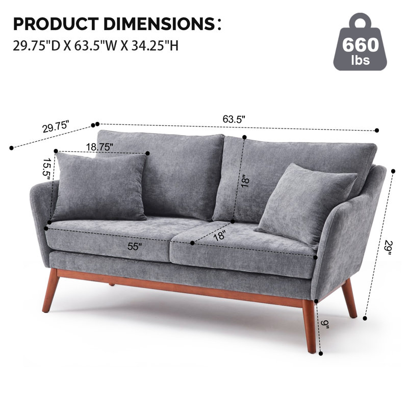 Linen Blend Mid-Century Modern Small Spaces Loveseat Two-Seater Sofa With Solid Wood Base, Dark Gray