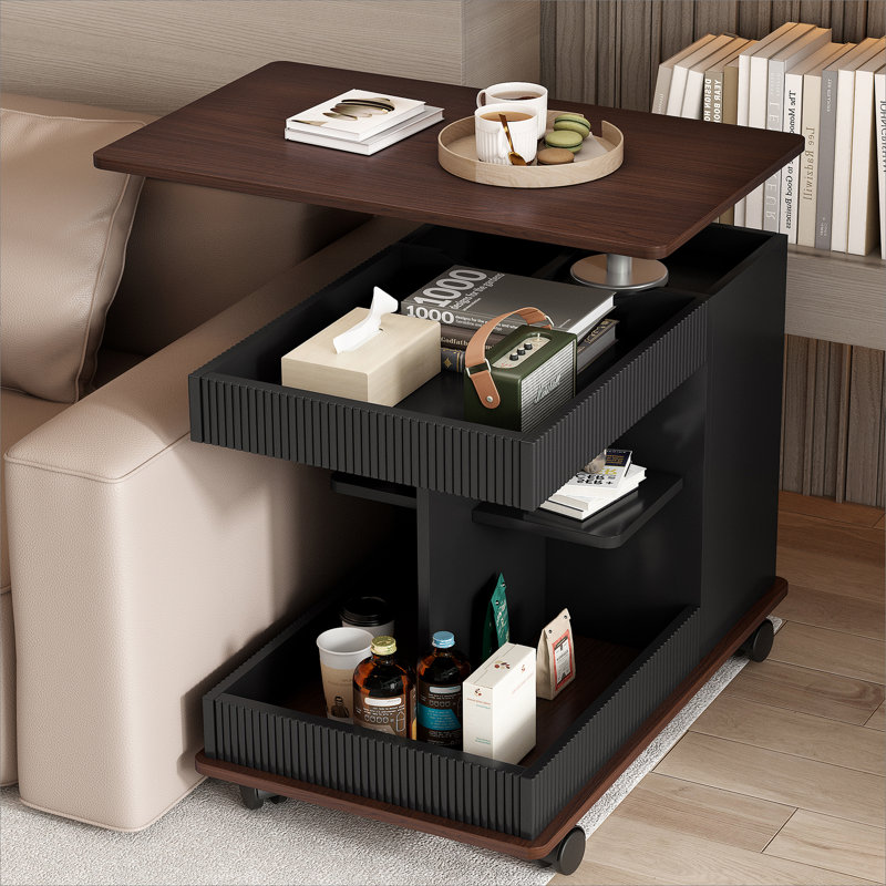 U-Can Adjustable End Table with Wheels, Modern Multifunctional Sofa Side Table with Lift-Top, 360°Rotating Top and Storage Space for Living Room, Small Space
