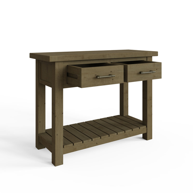 Almerton 2 Drawer Console Hallway Table With Open Shelf – Solid Reclaimed Natural Pine, Brown