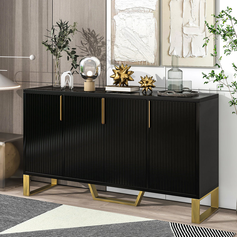 Modern Sideboard With Four Doors, Metal Handles, Legs, And Adjustable Shelves For Versatile Storage And Stylish Kitchen Organization