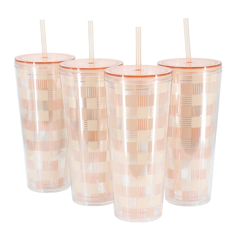 Pink Checkered 23 Ounce Plastic Travel Tumbler with Straw and Lid