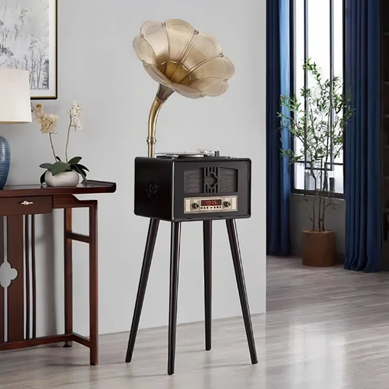 Rétro Gramophone: haut-parleur en bois massif tout-en-un, Noir et or