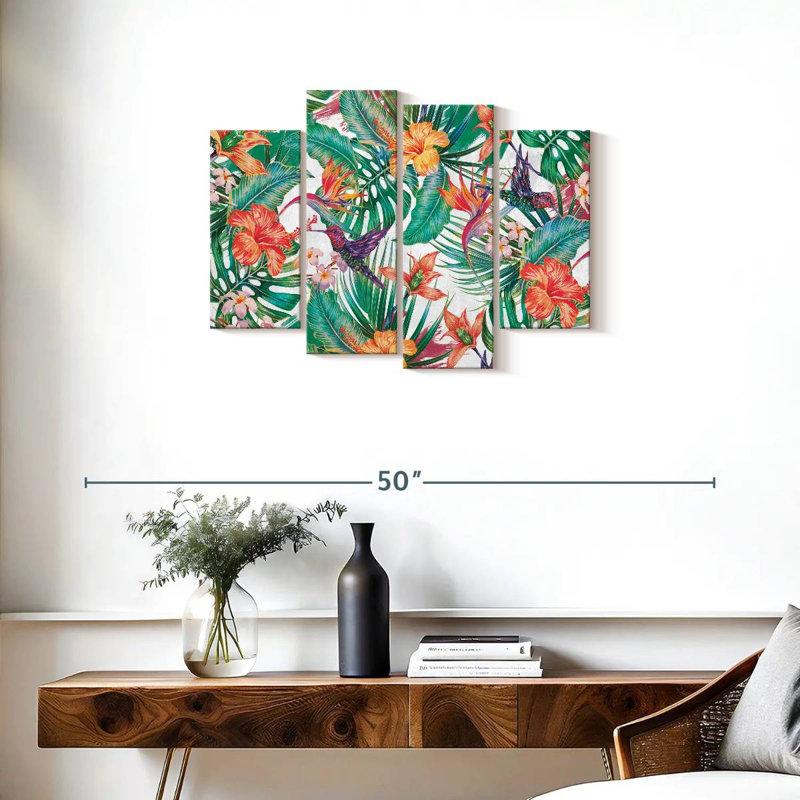 Motif de colibris tropicaux et de fleurs, ensemble de 4 pièces sur toile par Maya Blooms, H 22 po x l 36 po x P 1 po