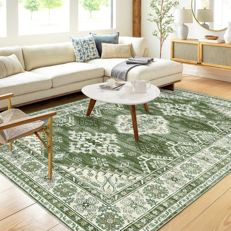Machine Washable Rugs Vintage Non-Slip Low Pile Rubber Backing Area Rug for Living Room Bedroom Kitchen Dining Room Dorm and Bedside Decor