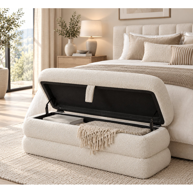 Footstool with Storage, Chalk White Boucle