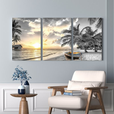 Tropical Sunset Beach Scene With Palm Trees And Boat Canvas Wrapped Wall Art Oil Painting Print Set Of 3