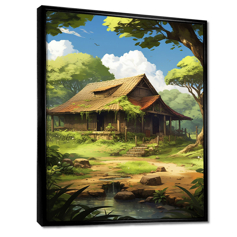 Vieille maison de campagne recouverte de vert profond - art mural paysage, H 20 po x l 12 po x P 1 po