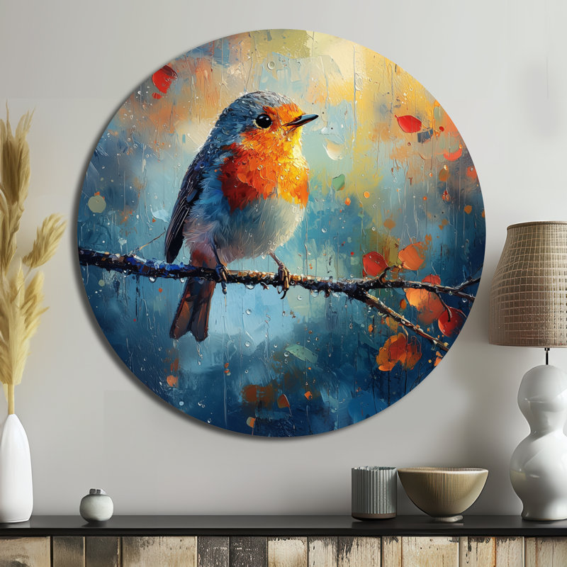 Robin des bois dans la rosée du matin - reproduction d'art moderne en métal orange, décoration murale ronde en métal