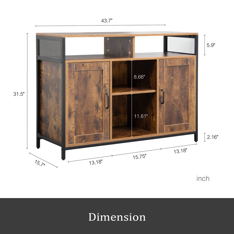 Buffet, armoire de rangement avec tablettes ouvertes pour cuisine, salle à manger, salon, style industriel, brun rustique, 43,7 x 15,74 x 31,5 pouces