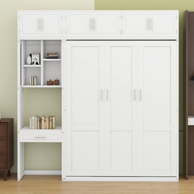 Lit escamotable mural avec bureau, armoire supérieure et tablettes de rangement, lit pliable peu encombrant, Grand, White