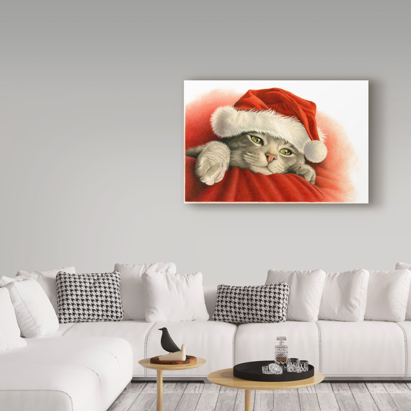 «Grey Cat with Santa Hat», reproduction de peinture acrylique sur toile tendue Furtado, H 30 po x l 47 po x P 2 po