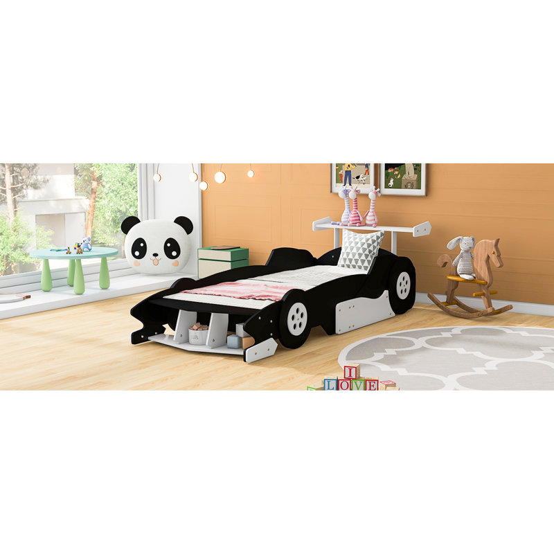 Lit plateforme noir pour voiture de course simple avec roues, matériaux de qualité, contreplaqué et structure, lattes, rails latéraux, 98,7 po x 41,7 po x 26,5 po