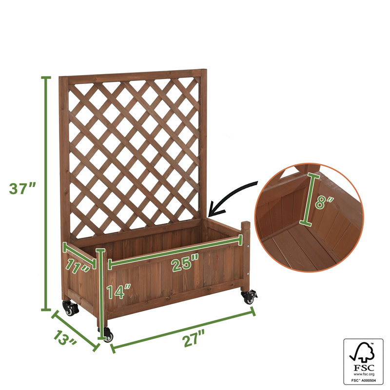 37'' H  2 Piece  Mobile Outdoor Raised Garden Bed Wood Planter Box with Trellis and wheels, Brown