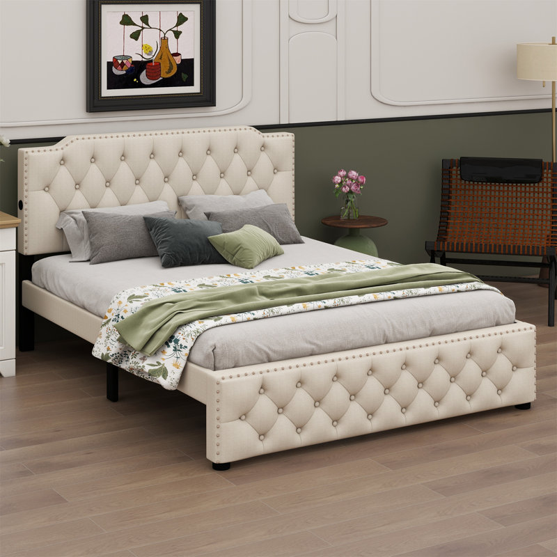 Lit plateforme tapissier avec 2 tiroirs et 2 ensembles de ports USB, Beige