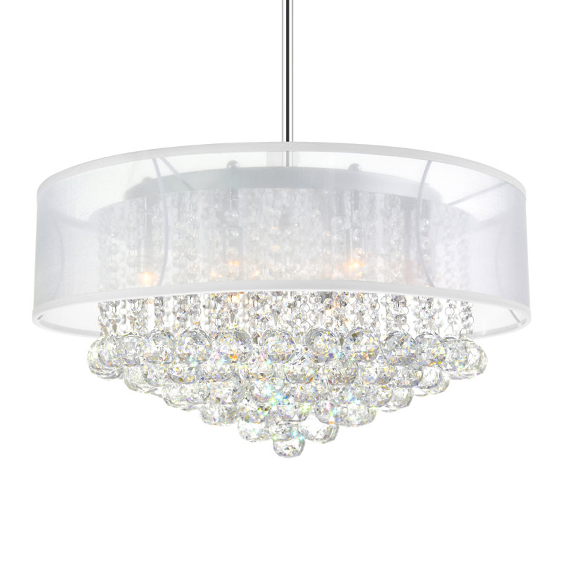 24-Inch 12 Light Drum Shade Chandelier – Chrome Finish, Ideal for Dining Rooms, Kitchens, and Living Spaces, Clear White