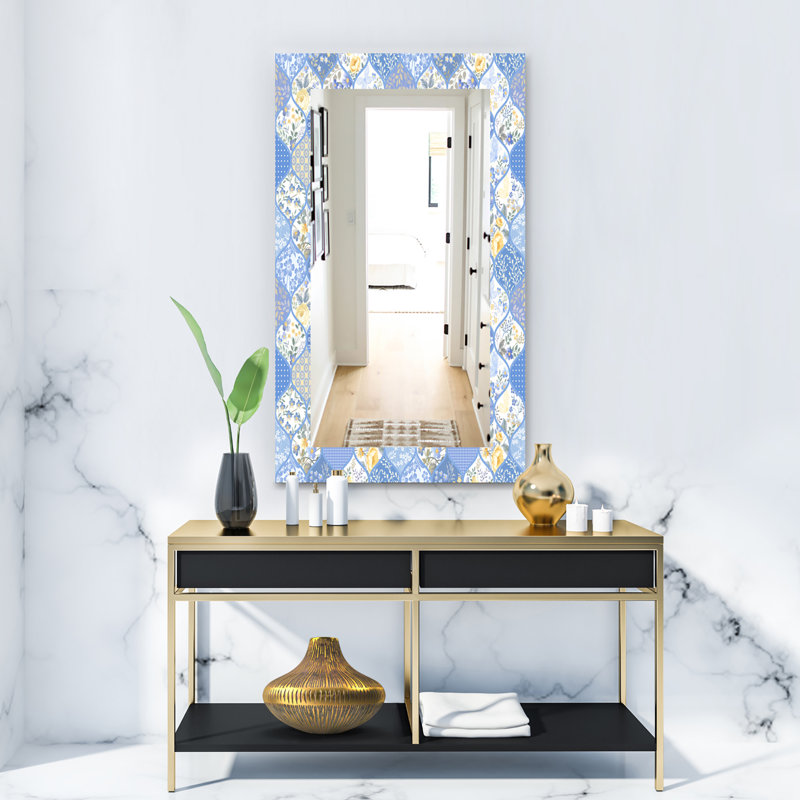 Miroir mural 15 mid-century scandinave, H 30 po x l 48 po, Damassé