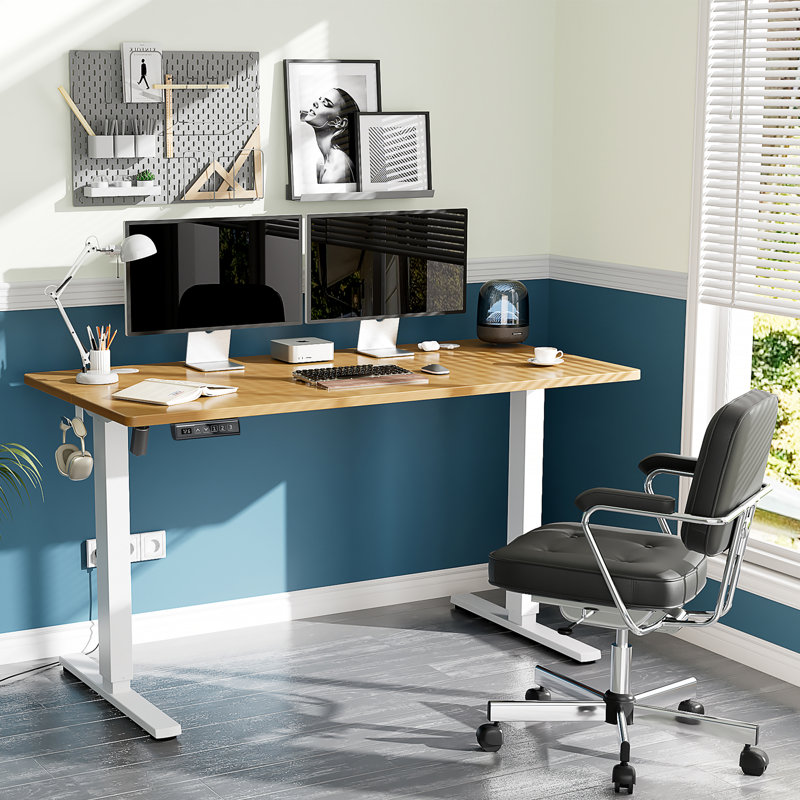 Height Adjustable Standing Desk, 48'' H x 55.12'' W x 23.62'' D, Bamboo/White