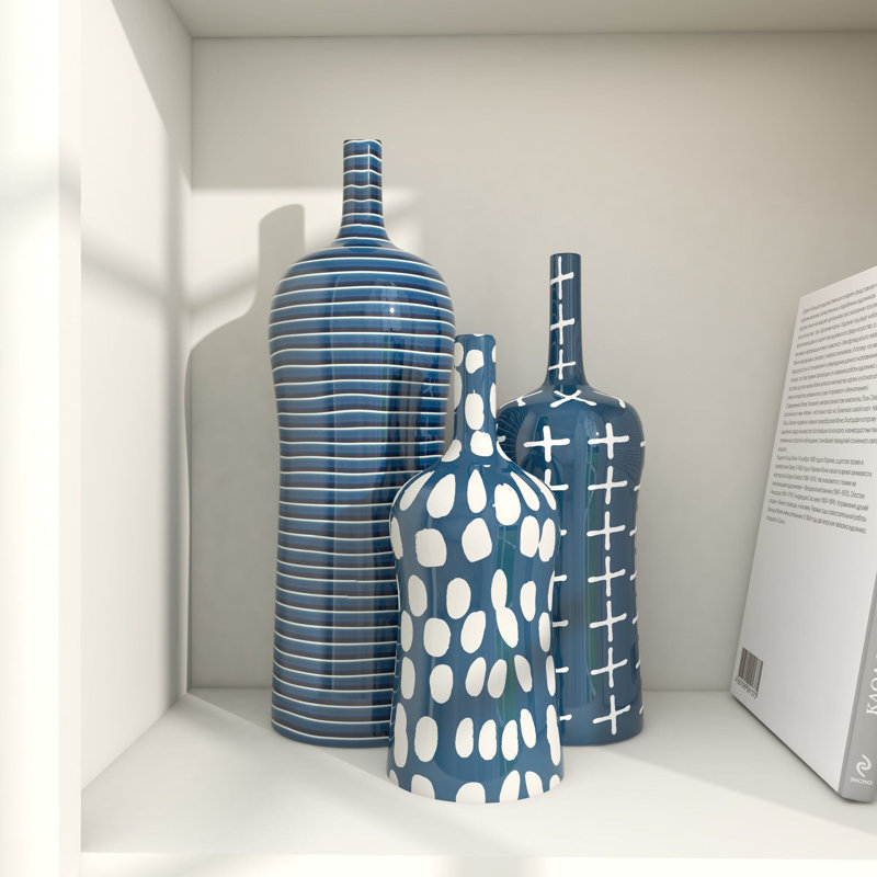 Ceramic Decorative Blue Vase with Varying Patterns Set