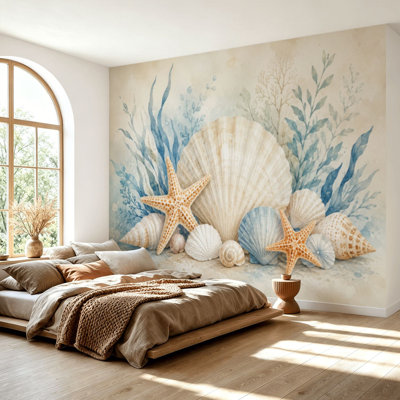 Wall Mural Peel and Stick Wallpaper Seamless border beige sea shells stars pebbles Self-Adhesive Removable Contact Paper Wall Decor for Living Room Bedroom 69"H x 96"W
