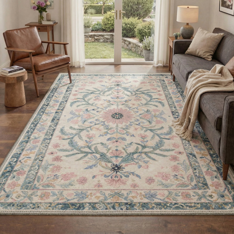 Allsop Lorelei Floral Machine Washable Beige / Pink Indoor Area Rug with Non-Slip Backing, Round 5'