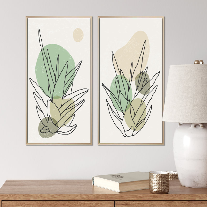 «Green Botanical Branch with Leaves I», ensemble de 2 peintures, H 32 po x l 32 po x P 1 po, Cadre brun